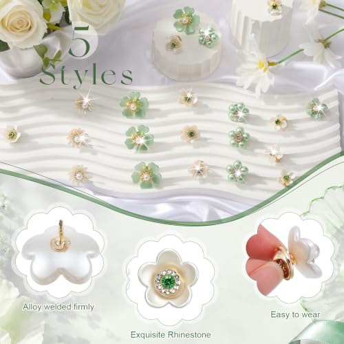 50 Pcs Pearl Rhinestone Brooch Pin Flower Embellishments Brooches and Pins for Women Lapel Pins No Sew Button Charms Accessories for Clothes Bags Wedding DIY Crafts, 5 Styles - color: Green