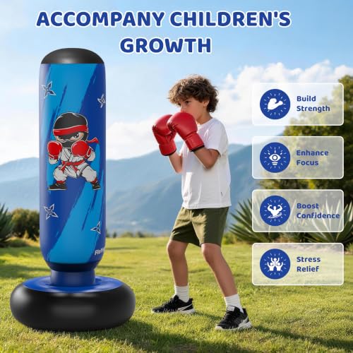 64 Inch Inflatable Punching Bag for Kids with Gloves and Pump, Kids Boxing Bag Set Toys & Gifts for Boys and Girls Ages 3-12 for Karate, Taekwondo, Active Play, Fitness Training