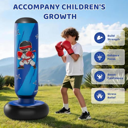 64 Inch Inflatable Punching Bag for Kids with Gloves and Pump, Kids Boxing Bag Set Toys & Gifts for Boys and Girls Ages 3-12 for Karate, Taekwondo, Active Play, Fitness Training