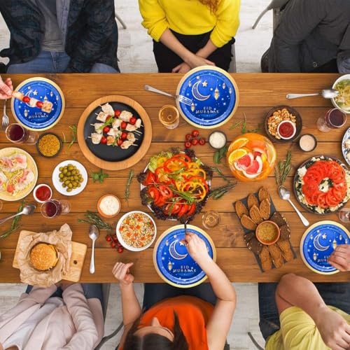 50Pcs Ramadan Eid Mubarak Party Supplies Bluk Ramadan Eid Mubarak Plates Set 9"Ramadan Dinner Plates 7"Blue and Gold Eid Mubarak Plates for Eid Al Adha Islamic Ramadan Birthday Decor Serves 25
