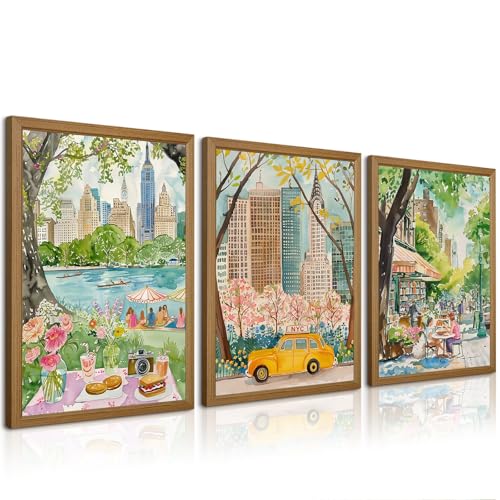 Watercolor New York City Wall Art Nyc Canvas Poster Travel Wall Decor Nyc Painting Central Park Picture New York Landmarks Artwork for Bedroom Living Room 12x16x3 Inch Wood Framed - color: New York Prints, size: 12"x16" Framed