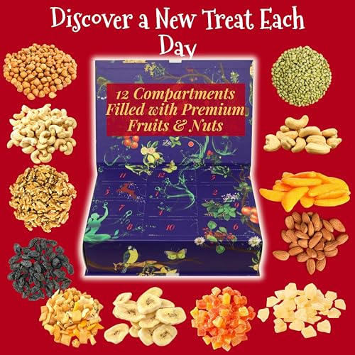 12-Day Advent Calendar Dried Fruit & Nuts Holiday Gift Box | Healthy Gourmet Dried Fruit Selection Including Mango, Fancy Medjool Dates, Pears, Peaches, Apricots, Figs and Prunes - size: 12.2 x 8.54 x 5.2 inches; 3 Pounds