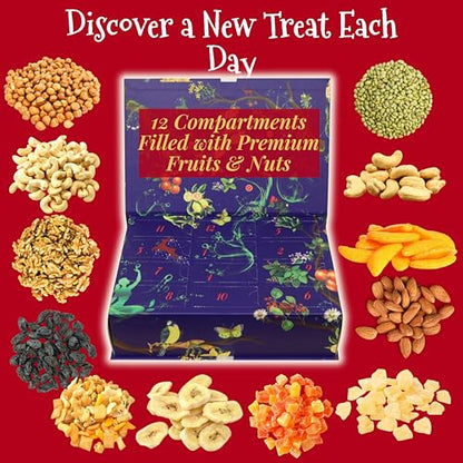 12-Day Advent Calendar Dried Fruit & Nuts Holiday Gift Box | Healthy Gourmet Dried Fruit Selection Including Mango, Fancy Medjool Dates, Pears, Peaches, Apricots, Figs and Prunes - size: 12.2 x 8.54 x 5.2 inches; 3 Pounds
