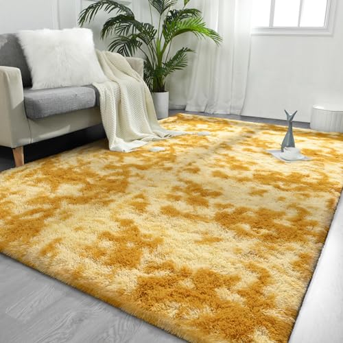 FlyDOIT Large Area Rugs for Living Room, 4x6 Feet Tie-Dyed Orange Shaggy Rug Fluffy Throw Carpets, Ultra Soft Plush Modern Indoor Fuzzy Rugs for Bedroom Girls Kids Nursery Room Dorm Home Decor - color: Orange, size: 4' x 6' (Rectangular)