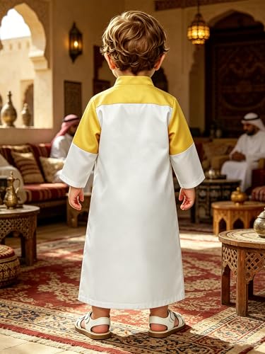 Hansber Arabic Prince Costume Baby Boys Muslim Islamic Kaftan Thobe Long Sleeve Robe for Halloween Party - color: Yellow, size: 4-5T