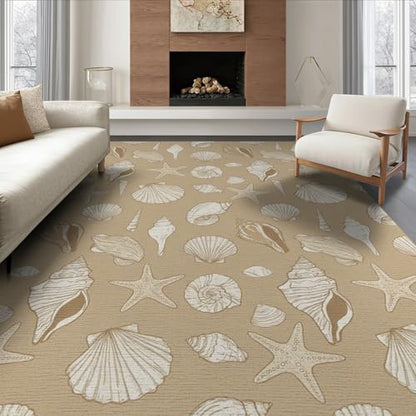 8'x10' Beige Beachy with Rustic Ocean Shell Washable Area Rug | Scattered Seashells Design, Starfish and Conch for King Size Bedroom Under Bed, Master Suite, Non-Shedding, Easy Care - color: Beige/Pattern 24, size: 8' x 10' (Rectangular)