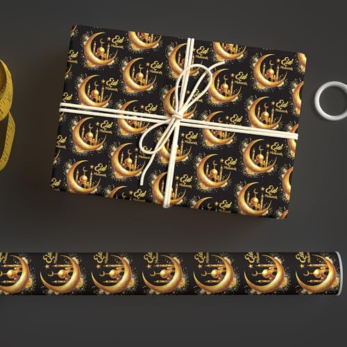 Altarho Eid Wrapping Paper Roll - Black Gold Crescent Moon Mosque Islamic Eid Mubarak Gift Wrap Design for Muslim Festival Holiday Celebration Total 28.5 sq.ft