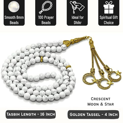 Amazing Gemstone Crystal Tasbeeh with Moon and Star Charm - Certified Crystal Muslim Prayer Beads Natural Gemstone Tasbih Gift for Ramadan Dhikr and Daily Namaz (G) - color: Howlite
