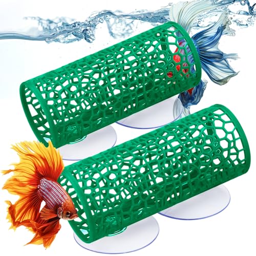 Honeydak 2 Pcs Betta Fish Tank Accessories Betta Tunnel Fish Toys Safe Hollow Hammock Cave Aquarium Decor with Suction Cups for Small Shrimp Reptile Guppies(Green,Hideout Tube) - color: Green