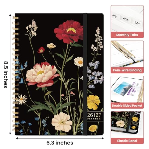 Planner 2026-2027, Academic Monthly and Weekly Calendar Planner for Women, July 2026 - June 2027, Hardcover Pretty Agenda Planner Book with Tabs, Spiral Daily Organizer for School Office Home Supplies, 6.3" x 8.5" - Peony Bloom - color: I-Peony Bloom, siz