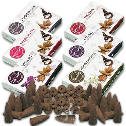 Blossom - Backflow Incense Cones for Waterfall - Scented Inscents-Cones - Peony, Lilac, Hyacinth, Tuberose, Honeysuckle, Violet - Insiensos Aromaticos - 6x10=60 Large Variety Pack - color: Blossom