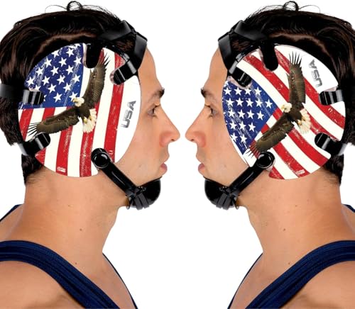 Wrestling Headgear with Ear Protection & Chin Cup Adjustable Lightweight Head Guard for Competition & Practice – Durable Protective Wrestling Ear Guard for Youth & Adult Athletes - color: Eagle & Flag