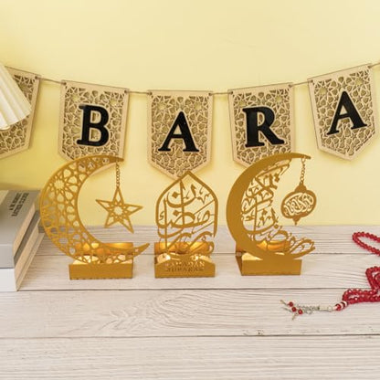 3 Pcs Gold Metal Ramadan Decorations for Home 2026, Eid Mubarak Kareem Sign Islamic Table Centerpiece Fireplace Decor, Arabic Crescent Moon Stand Lantern Star Candle Holders, Muslim Gifts