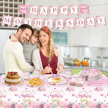 98PCS Happy Mother's Day Party Supplies Mothers Day Tableware Set Best Mom Ever Paper Plates Napkins Forks Knives Tablecloth Banner Mothers Day Party Decorations Disposable Dinnerware for 16 Guests - style: Happy Mother's Day
