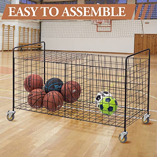 MyGift X-Large Capacity Black Metal Sports Ball Storage Rolling Cart | Gym Balls and Equipment Cart with 2 Compartments, Lock Latch & Heavy-Duty Locking Caster Wheels