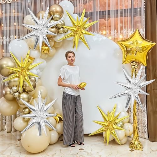 Gold Silver Star Balloons, 6PCS 22 Inch Foil Explosion Star Balloons - color: Gold Silver