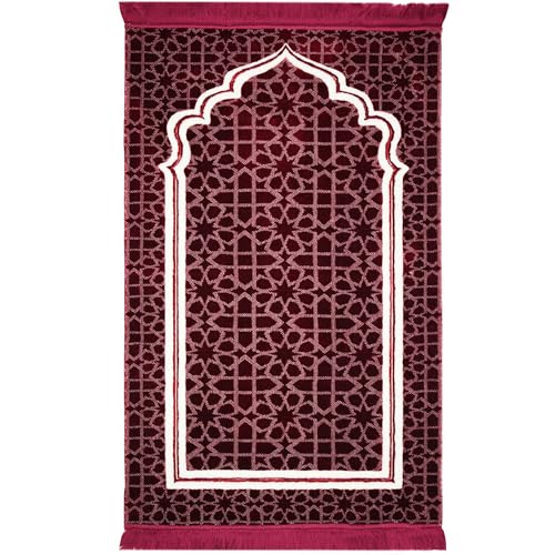 Modefa Muslim Prayer Rug - Large Plush Velvet - Andalus (Red) | For Islamic prayers, salah. For men or women; thick plush soft praying mat - color: Red