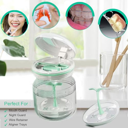 Denture Bath Cup，Retainer Cleaner Case Box,Night Mouth Guard Case Holder,Storage Soak Container with Drain Tray for Travel Cleaning with Mirror and Brush - color: White