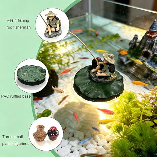Fisherman Aquarium Decor – Cute Fisherman Ornament Sitting Fishing Figurine with Mini Fishing Rod Fun Feeder Aquarium, Aquarium Decor, PVC Floating Diorama