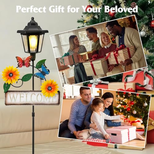Lewondr Solar Garden Lights Butterfly, 37.4 Inch Solar Lamp Post Light with Welcome Sign & Butterflies, Outdoor Waterproof Solar Stake Lights for Yard Porch Patio Pathway Gardening Gifts, 2 Pack - style: Yellow Flowers & Butterflies