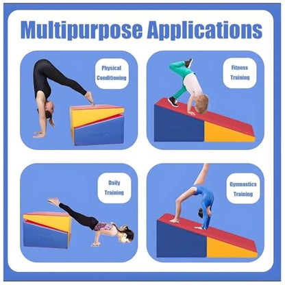 LICOME Folding Incline Gym Mat Tumbling Cheese Wedge Design for Gymnastics, Martial Arts, Dance, Yoga And Stretch Training，After It Can Be Used As A Jumping Box - color: Blue Yellow Red, size: 83x60x35cm