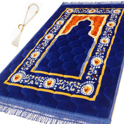 Prayer Rug Muslim Mat Islamic - Padded Very Thick Prayer Rug Sajadah for Men Women with Islam Prayer Beads, Soft and Luxury (31.5" x 47.2", Royal Blue) - color: Blue