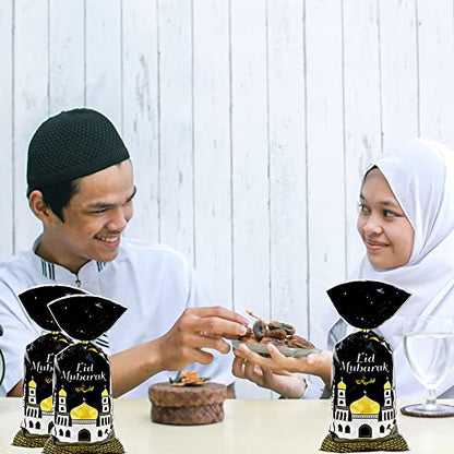 Eid Mubarak Goodie Bags, 100 Pieces Muslim Castle Moon Star Pattern Ramadan Treat Bags Cellophane Bags Goody Favor Bags with Gold Twist Ties for Muslim Islamic Eid Iftar Diwali Party Kids Gifts - - color: Black