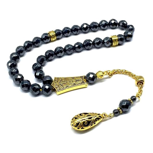 Design - Long & Stylist Tassels Worry Beads - Prayer Beads (8 mm-33 Beads) Tesbih-Tasbih-Tasbeeh-Misbaha-Subha-Sebha-Sibha-Rosary (Non-Magnetic Faceted Hematite 8mm 33 Beads - Gold Tassel) - color: Non-Magnetic Faceted Hematite 8mm 33 Beads - Gold Tassel