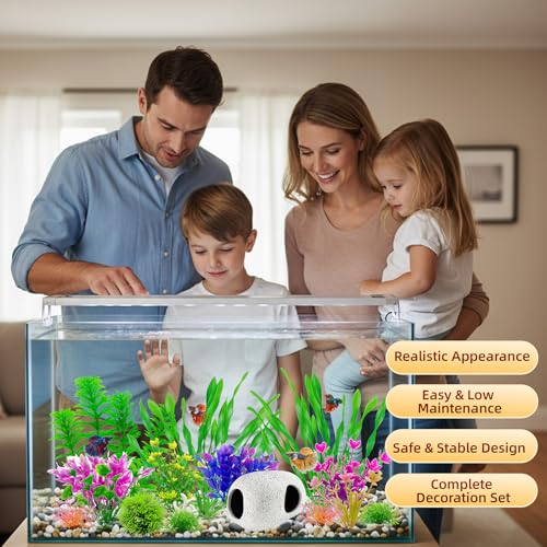 Aquarium Decorations Set, 16Pieces Artificial Plastic Plants & Smooth Fish Cave Rock, Non-Damaging Ornaments for Fish Tank with Gift Box Packaging, Goldfish & Betta Fish Tank Accessories
