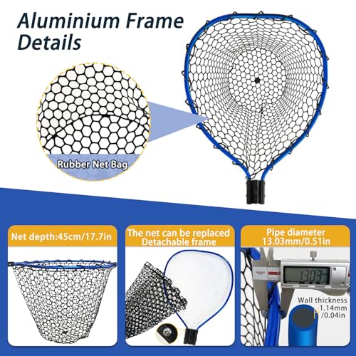 Telescoping Metal Lock Fishing Net Blue Aluminum Alloy Rubber Fish Net - Adjustable Length Lightweight Foldable Large Fishing Net with Handle Collapsible Extendable Fishing Accessories - color: Blue:3-section pole|upgraded metal lock|length:64.5"