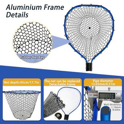 Telescoping Metal Lock Fishing Net Blue Aluminum Alloy Rubber Fish Net - Adjustable Length Lightweight Foldable Large Fishing Net with Handle Collapsible Extendable Fishing Accessories - color: Blue:3-section pole|upgraded metal lock|length:64.5"