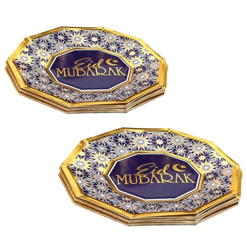 Beistle Ramadan Decagon Plates – 16 Pack, Elegant Gold Foil Hot-Stamped Eid Mubarak Party Plates, Purple and White Disposable Tableware for Ramadan Gatherings, Iftar Dinners and Eid Celebrations, 9”