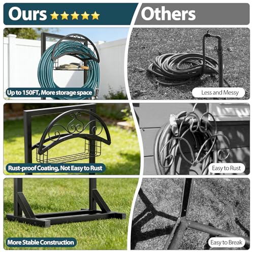 Garden Hose Holder Stand, BOLITE Metal Hanger with Storage Basket, 150ft | Heavy Duty, Freestanding Detachable, Water Hose Holder with Storage Basket, 4 Spikes, Storage Rack for Outside Yard Lawn Farm - style: Freestanding with Bracket