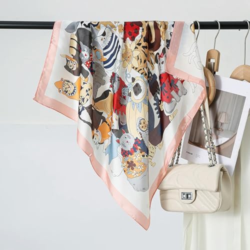 Square Silk Scarf Women Shawl Headbands Small Soft Neckkerchief Cat Print Bandana Satin Hijab Scarves - color: 21
