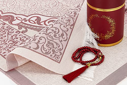ihvan online Muslim Prayer Rug and Prayer Beads with Elegant Design Cylinder Gift Box, Janamaz, Soft Sajadah, Islamic Gifts Set, Portable Prayers Carpet Mat, Taffeta Fabric, Burgundy - color: Burgundy
