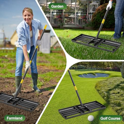 Lawn Leveling Rake, 30 Inch Heavy Duty Lawn Leveler with Adjustable Handle, Yard Soil Grass Dirt Leveling Rake Ground Level Tool (5FT)