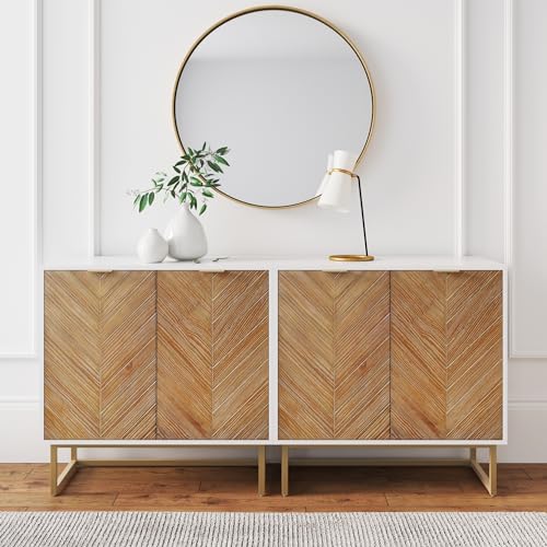 Nathan James Enloe Modern Storage Free Standing Accent Cabinet TV Stand with Doors in a Rustic Pine Wood Finish and Gold Metal Base for Hallway, Entryway or Living Room, Brown/White/Gold, Set of 2 - color: Matte White-natural Wash-pale Gold, size: Set of