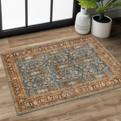 SIILOOM 2x3 Washable Rug Soft Area Rug for Entryway, Ocean Rust Slip-Resistant Indoor Door Mat Tribal Floral Low-Pile Kitchen Rugs, Vintage Tribal Carpet for Entrance Kitchen Farmhouse - color: Ocean/Rust, size: 2' x 3' (Rectangular)