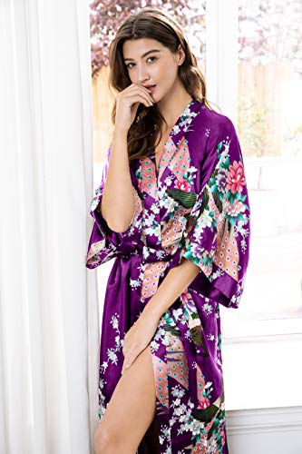 BABEYOND Women's Kimono Robe Long Satin Robes with Peacock and Blossoms Printed Kimono Nightgown - color: Dark Purple, size: One Size Plus