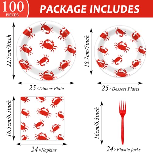 Qyeahkj 100 Pcs Crab Party Decoration Set - Paper Plate Napkin Fork Set for Summer Crab Dinnerware Tableware Supplies - Serves 25 - style: Crab