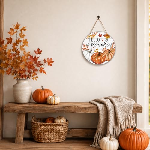 Smile Fall Thanksgiving Halloween Wooden Door Hanger, Hello Pumpkin Maple Leaf Rustic Wood Door Sign for Farmhouse Home Porch Autumn Holiday Party Decorations - style: Hello Pumpkin