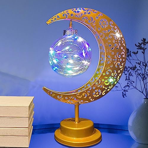 Decorative Table Lamp, Crescent Moon Light Ramadan Table Decor, Battery Powered Christmas Ramadan Desk Lamp Decorations for Home, Patterned Hollow Out Colorful Boho Lamp for Bedrooms