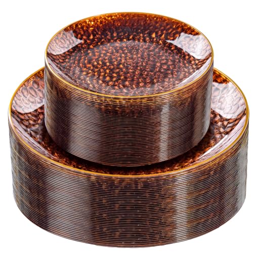 Rubtlamp 60Pcs Amber Plastic Plates - Brown Disposable Plates With Gold Rim, Clear Heavy-duty Party Plates, Hammered Plates Include 30 Dessert Platos, 30 Dinner Platos for Party - color: Clear Amber Gold
