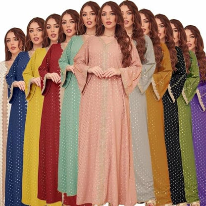 Women Muslim Abaya Dress V Neck Embroidered Kaftan Long Sleeve Loose Islamic Maxi Prayer Robe for Ramadan Eid - color: Navy Blue, size: Small