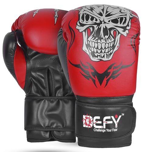 Defy Sports Boxing Gloves for Men and Women - Premium Quality Faux Leather Kick Boxing Gloves – Gel Infused Kickboxing Gloves with Thumb Support - Versatile Usage – Skull Model Design - size: 12 oz