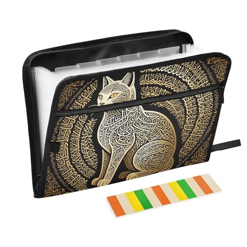Arabic Calligraphy Cat Islamic Art Folder with Dividers 13 Pockets A4 Letter Size with Zipper Closure for Office Supply Paper File Organizer para guardar documentos
