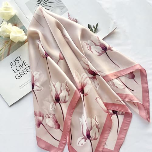 FONYVE Silk Feeling Scarf Medium Square Satin Head Scarf for Women 27.5 × 27.5 inches - color: 03 Pink Floral