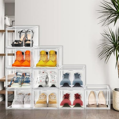 Clear Acrylic Shoe Boxes Organizer, Fits Men’s 12, Crystal Clear 1 Pack | Extra-Thick Reinforced Stackable Shoe Storage with Magnetic Door, Foldable Dust-Proof Display Cases for Closet & Entryway - size: Medium