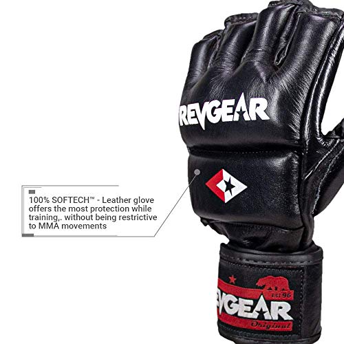 Revgear Pro Series Deluxe Leather MMA Glove | Gel Sparring Gloves | Double Padding | Extra Wrist Protection (Black, Small)
