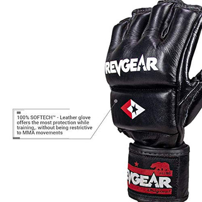Revgear Pro Series Deluxe Leather MMA Glove | Gel Sparring Gloves | Double Padding | Extra Wrist Protection (Black, Small)